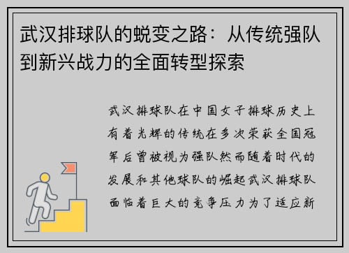 武汉排球队的蜕变之路：从传统强队到新兴战力的全面转型探索